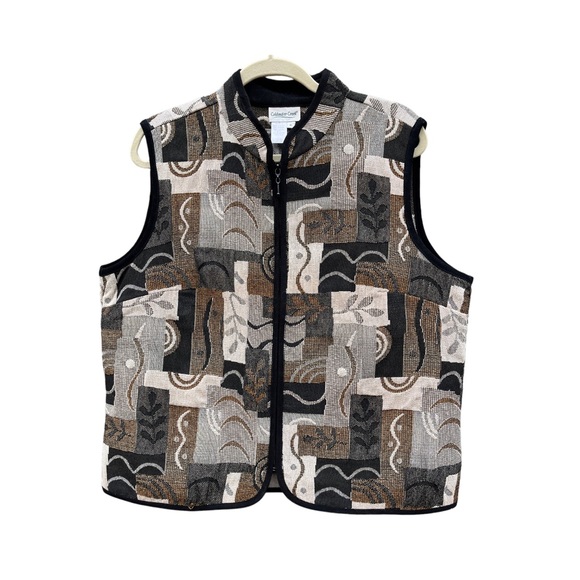 Coldwater Creek XL Tapestry Vest Made in USA Black Gray Brown Neutrals Zip - Picture 2 of 9